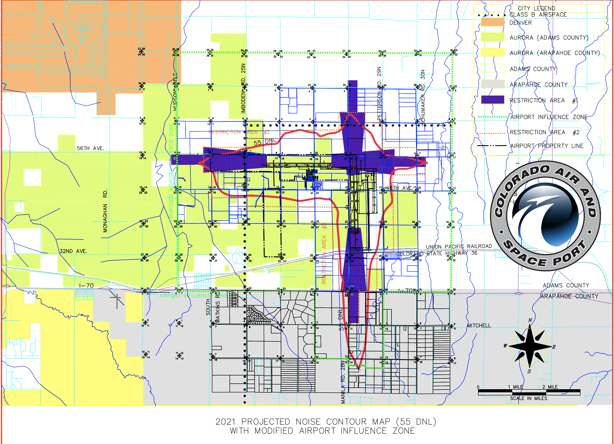 Colorado Air and Space Port projected noise contour map with airport influence zones and restrictions, featuring a legend and compass rose